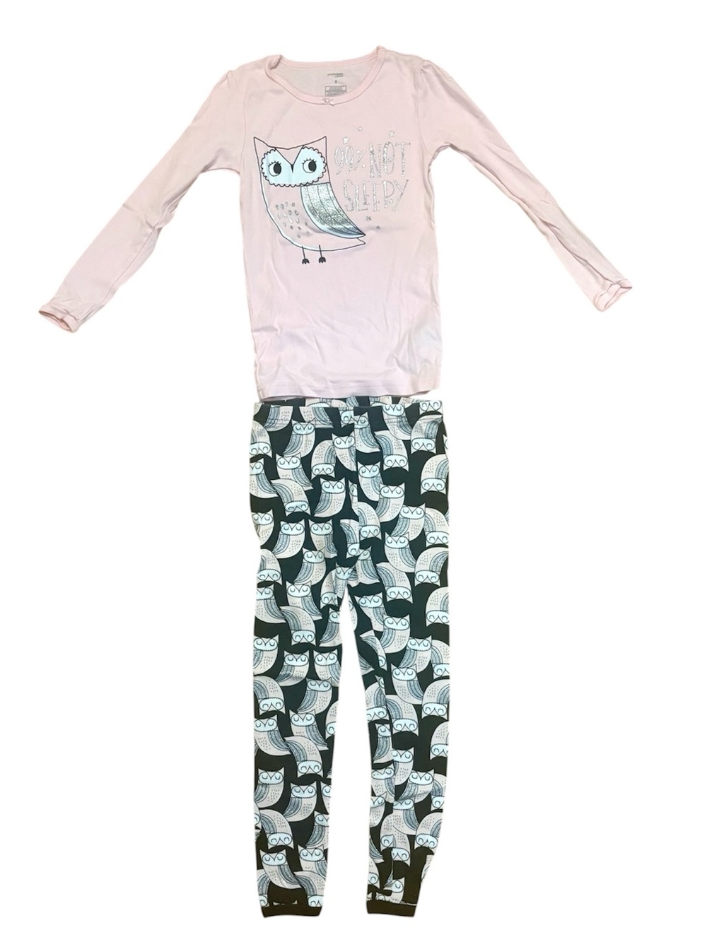 Simple Joys pale pink and black owl 99% not sleepy pajama set, size 8